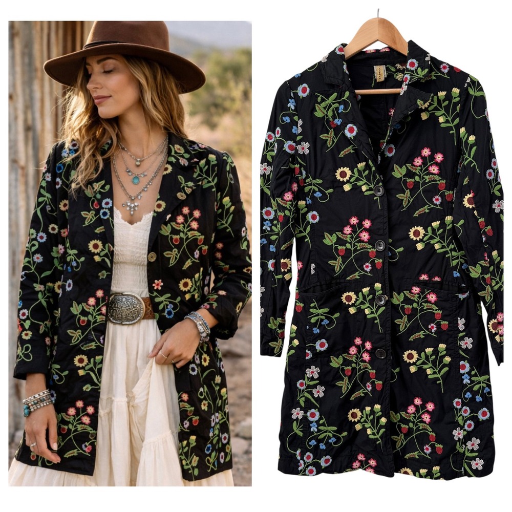 Boho Floral Strawberry Embroidered Longline Trench Coat Size M Pockets Button Up